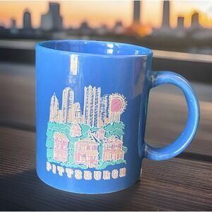 Vintage Pittsburgh Mug Coffee Cup Blue Skyscrapers Historical Homes Pennsylvania